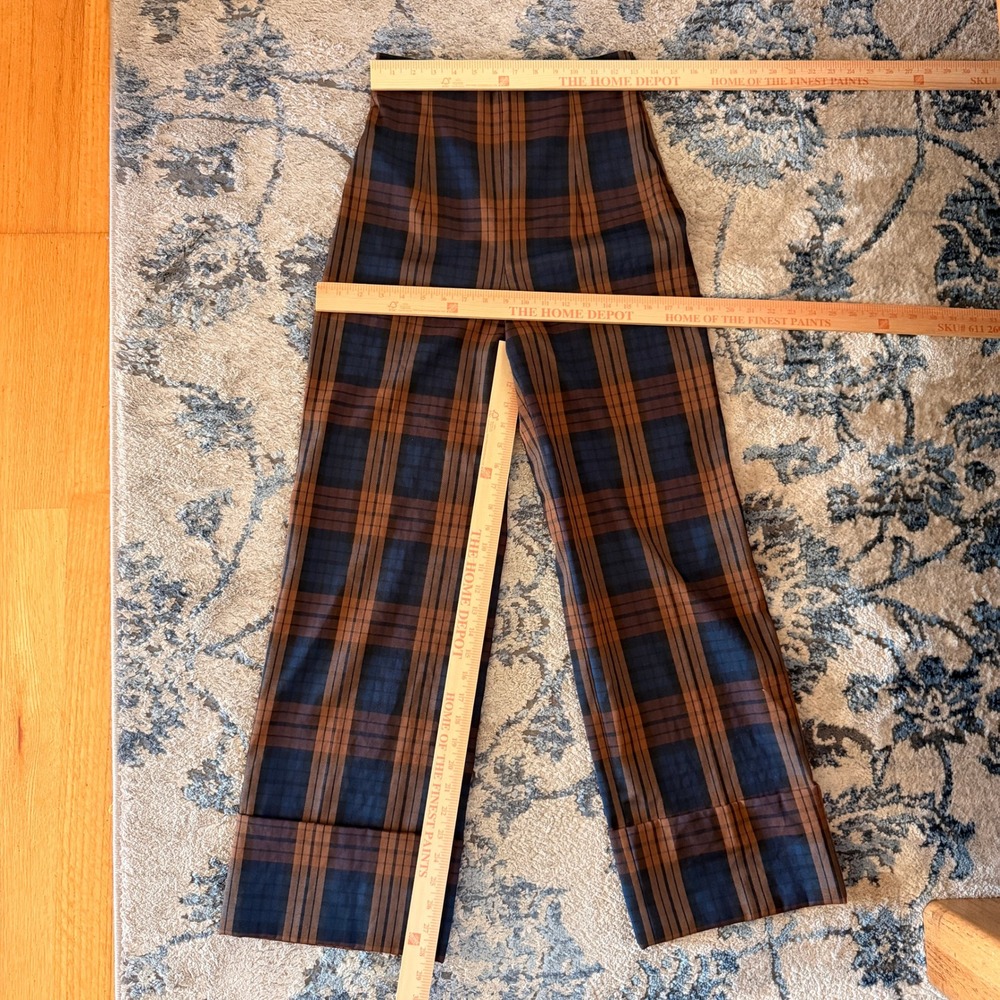 Zara Woman Plaid Wide Leg Pants Brown Blue High Waisted Cuffed Trousers XS - Picture 7 of 7
